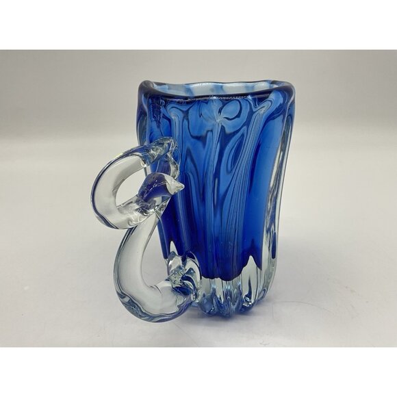 Hand Blown Art Glass Mis-Shapened Blue and Clear Glass 5.25 Inches Tall w/Handle - Picture 9 of 16